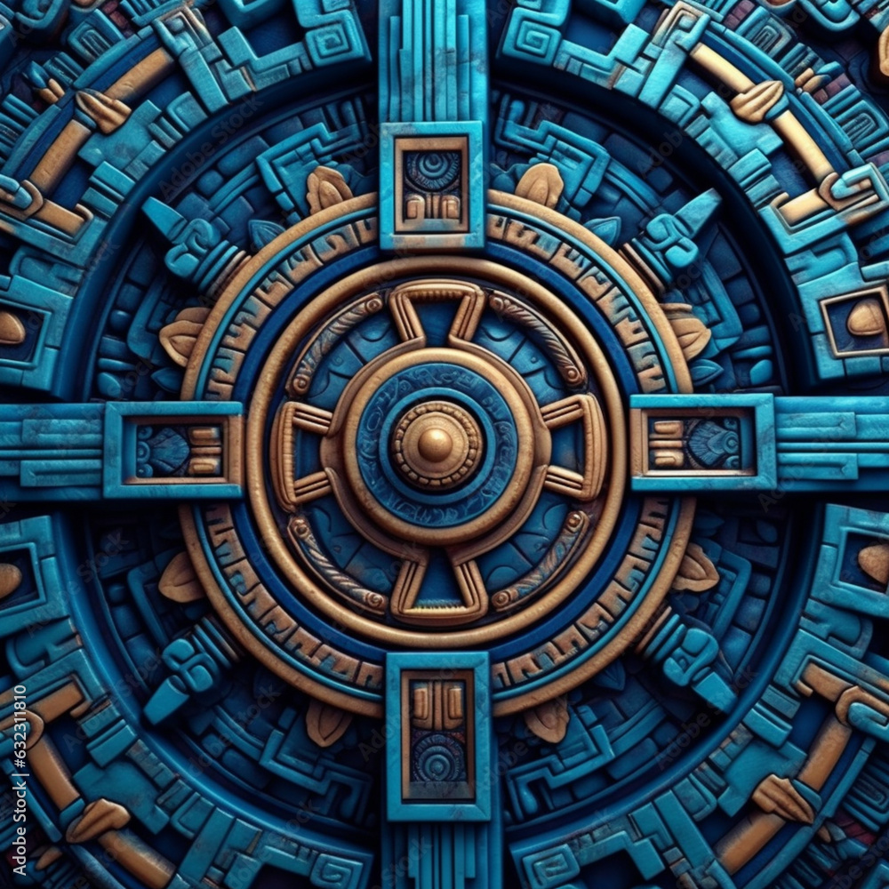 Poster a close-up shot of aztec geometric patterns, inspired by the ancient civilization of mexico, showcas