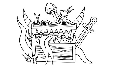 Sketch of mimic monster with eyes, teeth and big tongue. Hand drawn vector illustration.