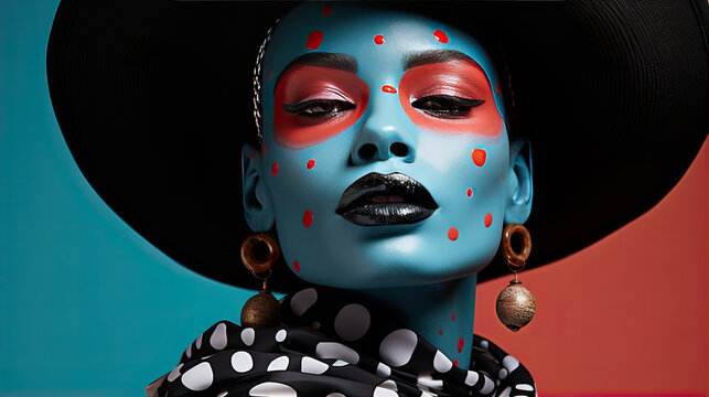 ?reative portrait of a woman in a hat and bright makeup. Spots and polka dots.