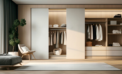 White wooden wardrobe in scandinavian style interior design - Generative AI
