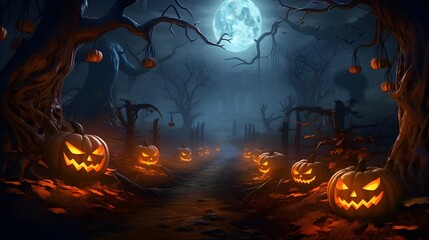 Enchanted Halloween Night: A Captivating Fantasy Scene of Glowing Pumpkins