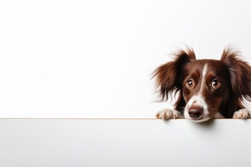 Portrait of a cute border collie puppy looking around the corner of a white empty board, AI Generated