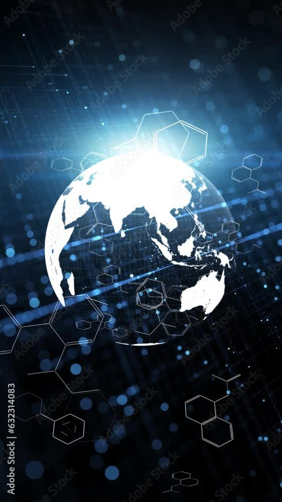 Poster chemical hexagon bonds with 3d earth planet loop animation. concept science background.