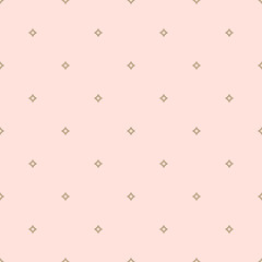Golden vector seamless pattern with small diamond shapes, outline stars, rhombuses. Abstract minimal pink and gold geometric texture. Simple minimalist repeat background. Subtle luxury geo design