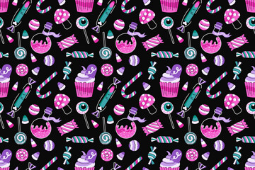 Halloween candies seamless pattern. Sweet treats, spooky lollipops, cupcake, eye, candy corn, witch finger. Flat cartoon vector illustration isolated on black background