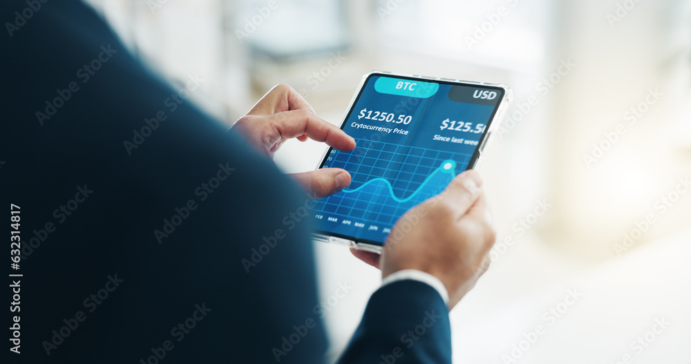 Poster Hands, tablet and stock market trader for cryptocurrency price, graphs and data on fintech software. Closeup of business man, digital screen and financial trading, investment or infographic of stocks