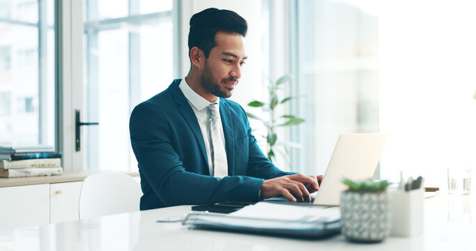 Business Man, Suit And Typing On Laptop For Network Update, Corporate Insight And Review In Law Firm. Closeup Of Lawyer, Attorney And Working On Computer For Legal Research, Planning Admin And Email