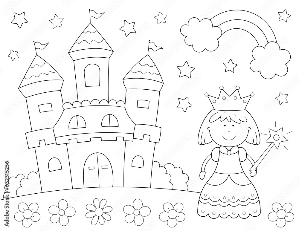 Wall mural cute princess and castle coloring page. you can print it on 8.5x11 inch paper - Wall murals