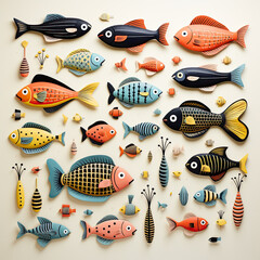 Set of abstract Ocean animal life stickers.