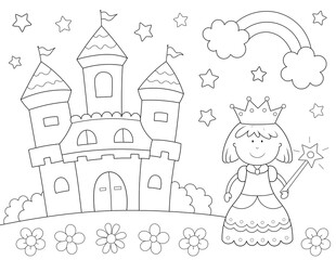 cute princess and castle coloring page. you can print it on 8.5x11 inch paper