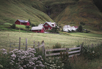 Typical red houses on Runde Island, Norway, Europe