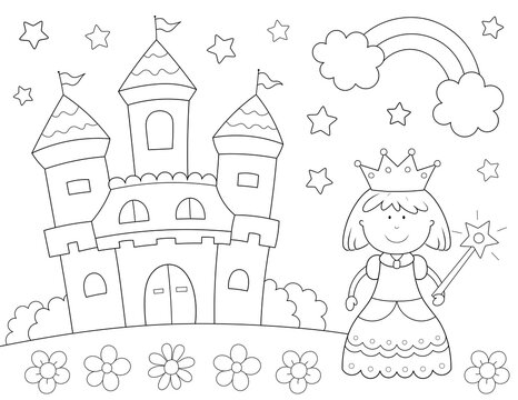 cute princess and castle coloring page. you can print it on 8.5x11 inch paper