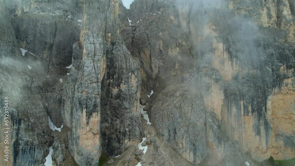 Wall mural breathtaking panorama of beautiful alps mountains dolomites, val gardena. aerial drone overflight . 