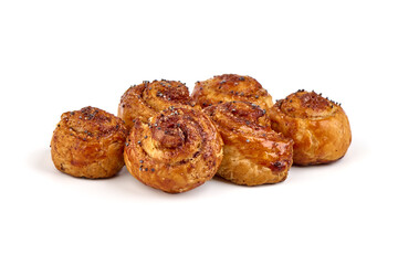 Sweet cinnamon rolls, close-up, isolated on white background.