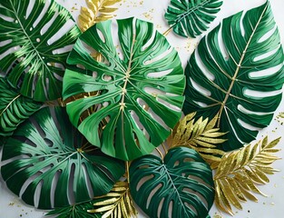 Naklejka premium Picture showcasing a collection of tropical green plants like Monstera, fern, and Eucalyptus leaves, highlighted with gold glitter particles. Created with generative AI tools