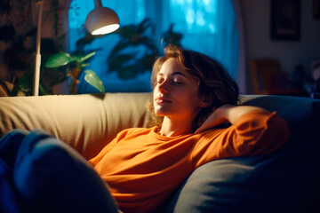 Woman relaxed in his home with quality and diffuse light