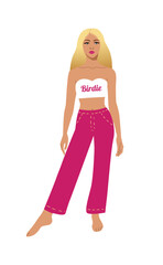 Fashion blonde. Pink pants; white crop top; pink inscription. Doll in vector. Girl in pink. Print for clothes. Fashion design. Retro style. Walk barefoot.