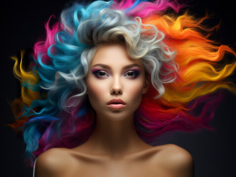 A dazzling woman in makeup with colored hair in a captivating visual symphony of color and beauty. Vibrant and creative face. Generative AI