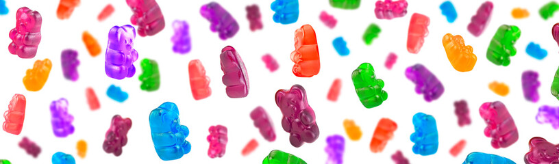 Jelly candies - falling colorful jelly bears isolated on a white background. Collection of marmelade bears. - obrazy, fototapety, plakaty
