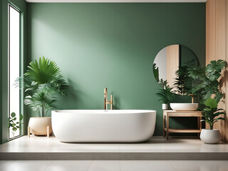 Modern minimalist bathroom interior, green bathroom cabinet, white sink, wooden vanity, interior plants, bathroom accessories, white bathtub, concrete wall, terrazzo flooring.3d rendering, Generate Ai