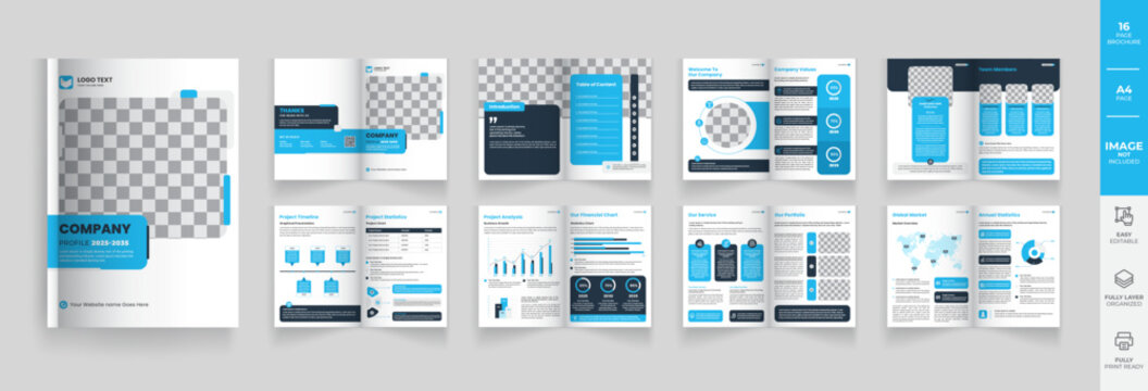 Brochure layout template design, 16-page blue color template brochure design, modern brochure design