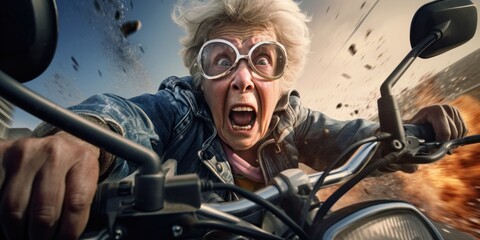 an old woman is riding a motorbike, generative AI