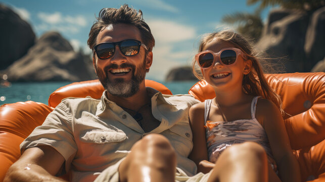 Father and daughter having fun on the beach while floating on airbed. Generative AI