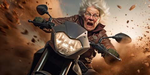 Obraz premium an old woman is riding a motorbike, generative AI