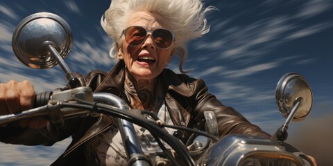 an old woman is riding a motorbike, generative AI