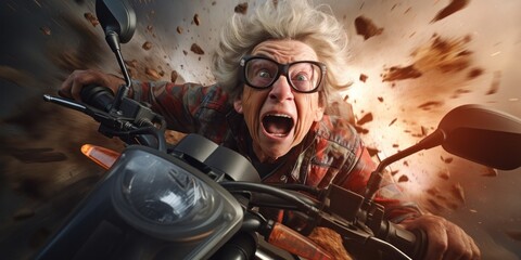 an old woman is riding a motorbike, generative AI - obrazy, fototapety, plakaty
