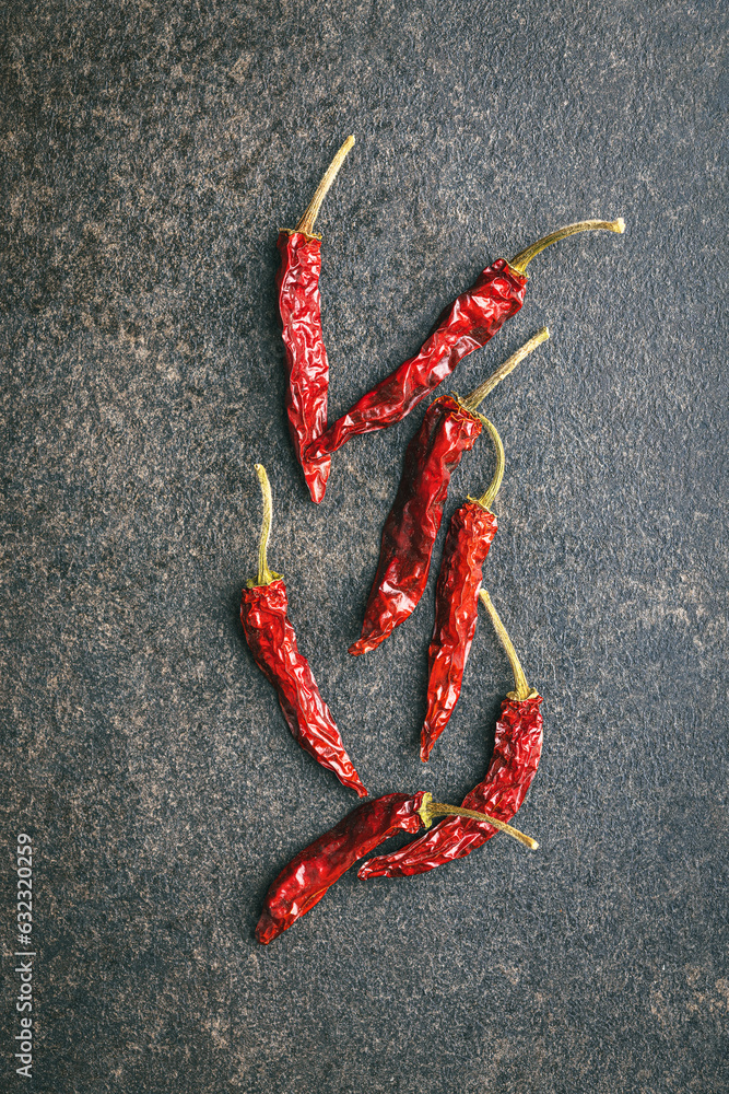 Canvas Prints red chili peppers on kitchen table. top view.