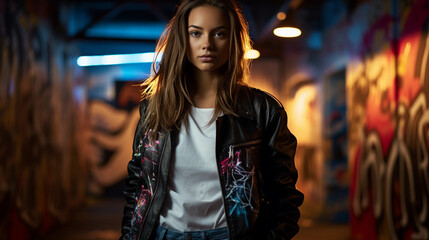 Obraz premium Graffiti art - inspired portrait of a street fashion model, vibrant hues, leather jacket, ripped jeans, sneakers