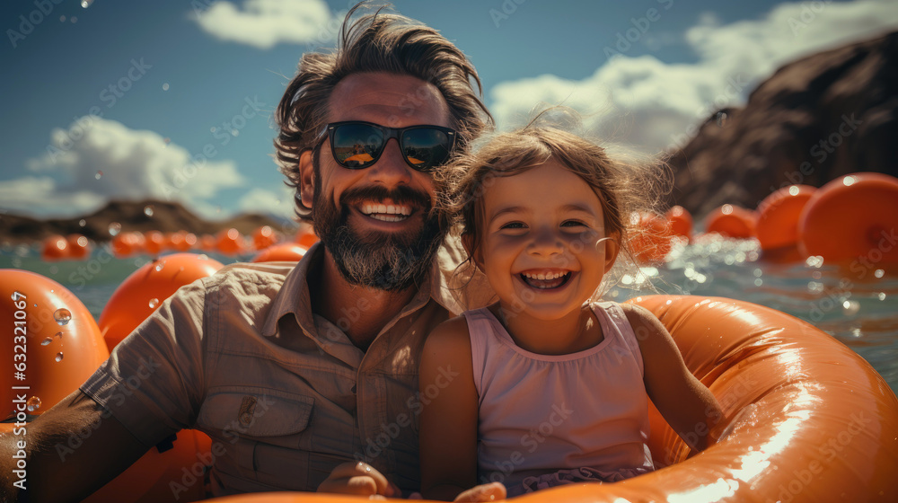 Wall mural father and daughter having fun on the beach while floating on airbed. generative ai