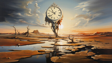 Surrealist oil painting of a clock melting, dreamy and distorted elements against a barren landscape