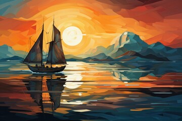 Colorful art of sailor boat sailing on calm sea with evening sunset. Abstract modern digital art. - obrazy, fototapety, plakaty