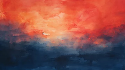 Fototapeten An abstract watercolor painting portraying a vibrant summer sunset, with intense orange and red hues blending into the dark indigo of the night sky, wet on wet technique © Marco Attano