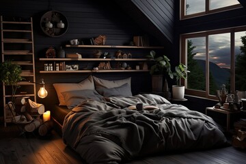 A bedroom with a loft design featuring a dark color scheme and a bedding set in soft pastel shades....
