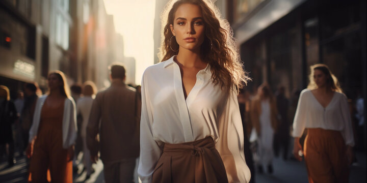 Abstract street fashion catwalk, urban backdrop, chic models in urban outfits, sunset lighting, cinematic, street perspective