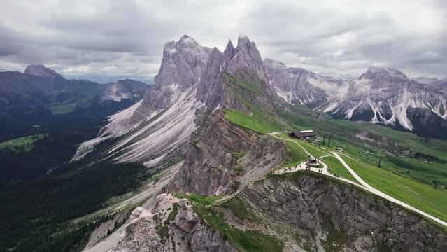 Aerial view of Dolomites mountain ridge Seceda, Val Gardena, Italy