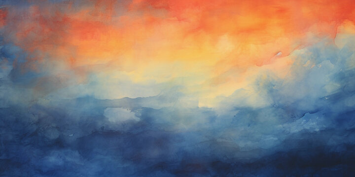 An abstract watercolor painting portraying a vibrant summer sunset, with intense orange and red hues blending into the dark indigo of the night sky, wet on wet technique