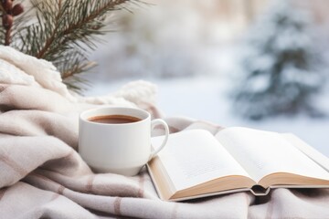 A birds eye view of a comfortable blanket, an open book, and a steaming cup of coffee resting on a bed during a chilly winter day. A representation of relaxation and the Danish concept of hygge. The - obrazy, fototapety, plakaty