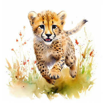 Vibrant watercolor portrayal of playful baby animals in a lush jungle clearing, dappled sunlight filters through the thick foliage, a small waterfall cascades into a sparkling pool, Generative Ai