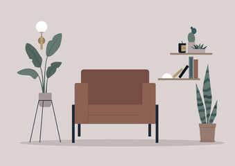 Amidst the home interior, a leather chair is surrounded by potted plants and flanked by bookshelves, creating a harmonious blend of nature and knowledge