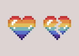 A set of glowing rainbow pixel hearts, one is broken, simplified symbols of LGBTQ+ movement and human rights