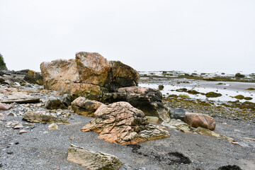 Fototapeta na wymiar Rock on the shore or coastline of the St. Lawrence River in Rimouski, Quebec, Canada