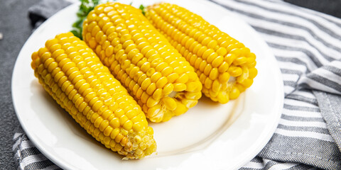 cob corn boiled corn ready to eat cooked vegetable healthy meal food snack on the table copy space food background rustic top view