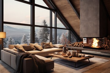 A chic country chalet with a large panoramic window provides a comfortable, warm atmosphere for your home. Its open plan design, wooden accents, inviting colors, and a cozy fireplace create an