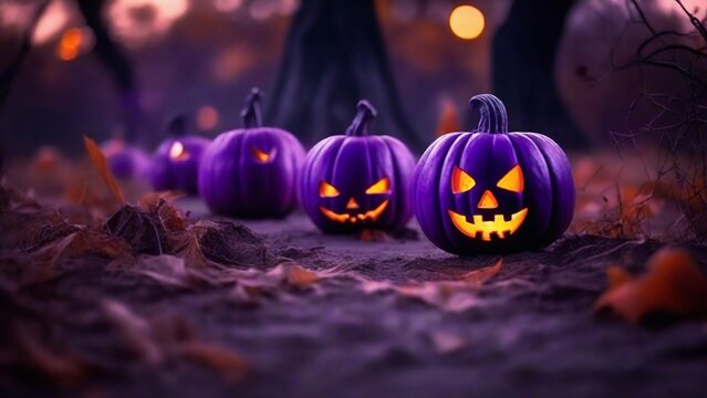 halloween pumpkins on a scary night background, horror background, halloween background, Generative AI