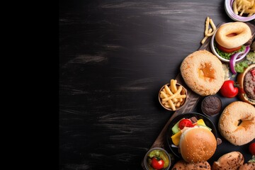 Set of tasty burgers and bagels on black wooden table, top view. Copy Space. Generative AI