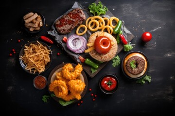 Set of different fast food on a black background. Top view. Generative AI